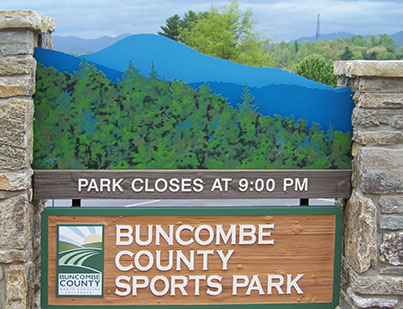 Buncombe County Sports Park mountain scene painted on metal